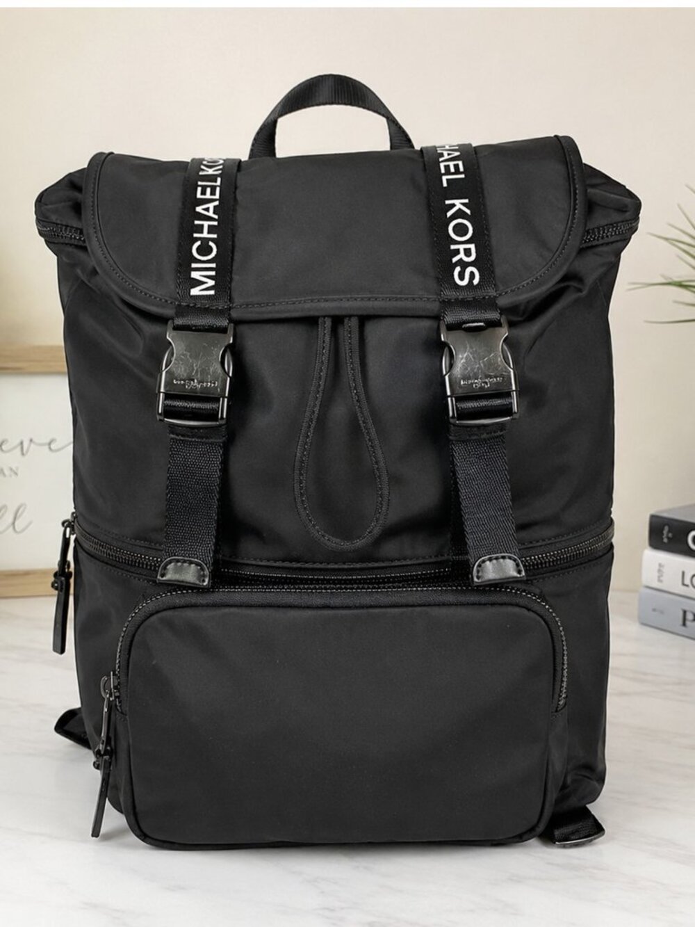 Michael Kors Black Nylon Backpack Logo Strap Buckle Drawstring Travel Bag